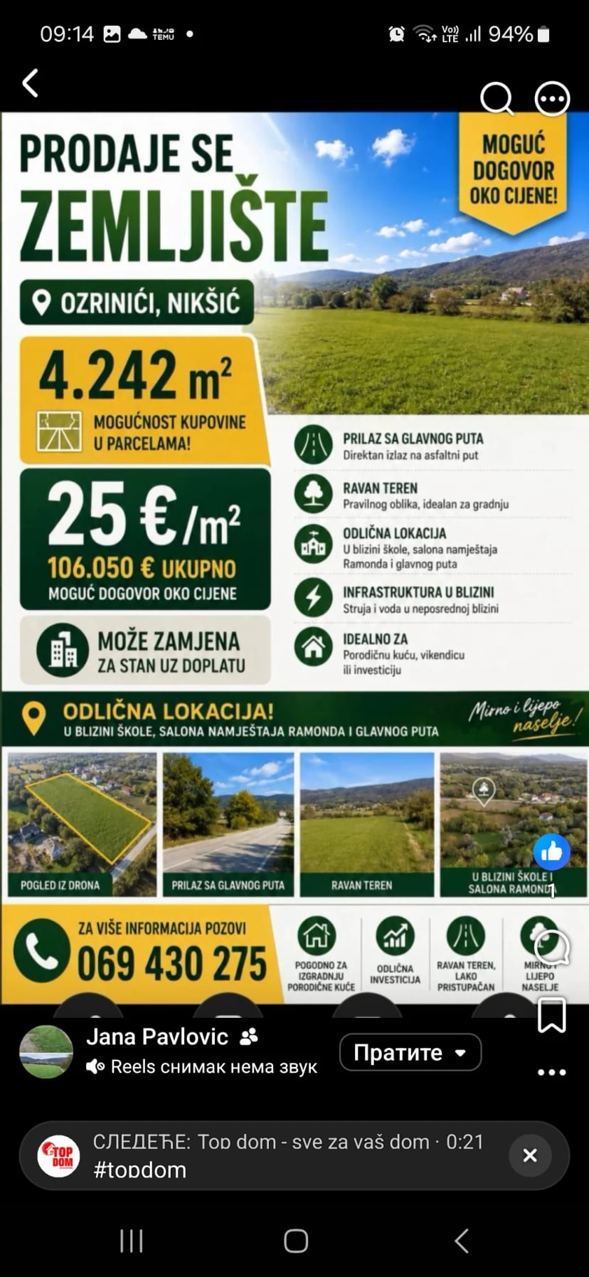 Prodajem plac u Ozrinicima