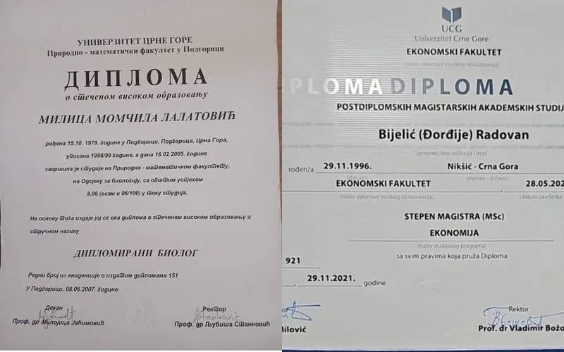Lalatović Žižić i Bijelić objavili fakultetske diplome, pozvali i druge funkcionere da učine isto
