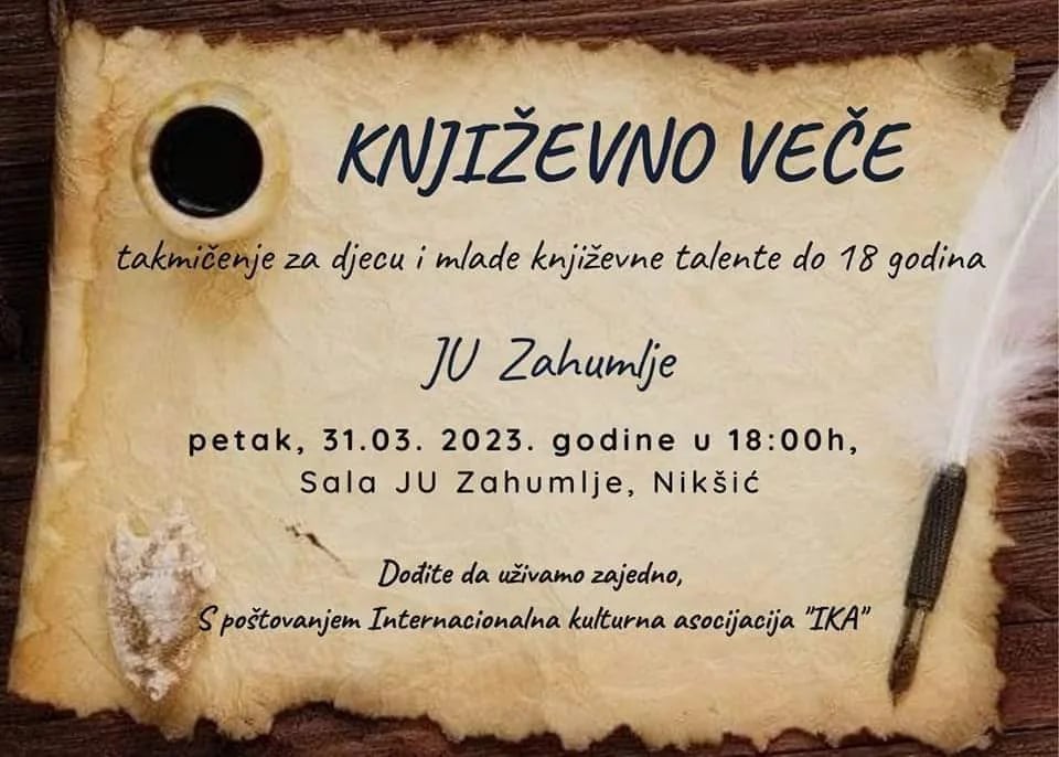 Zahumlje: Književno veče "Afirmišemo mlade crnogorske stvaraoce do 18 godina"