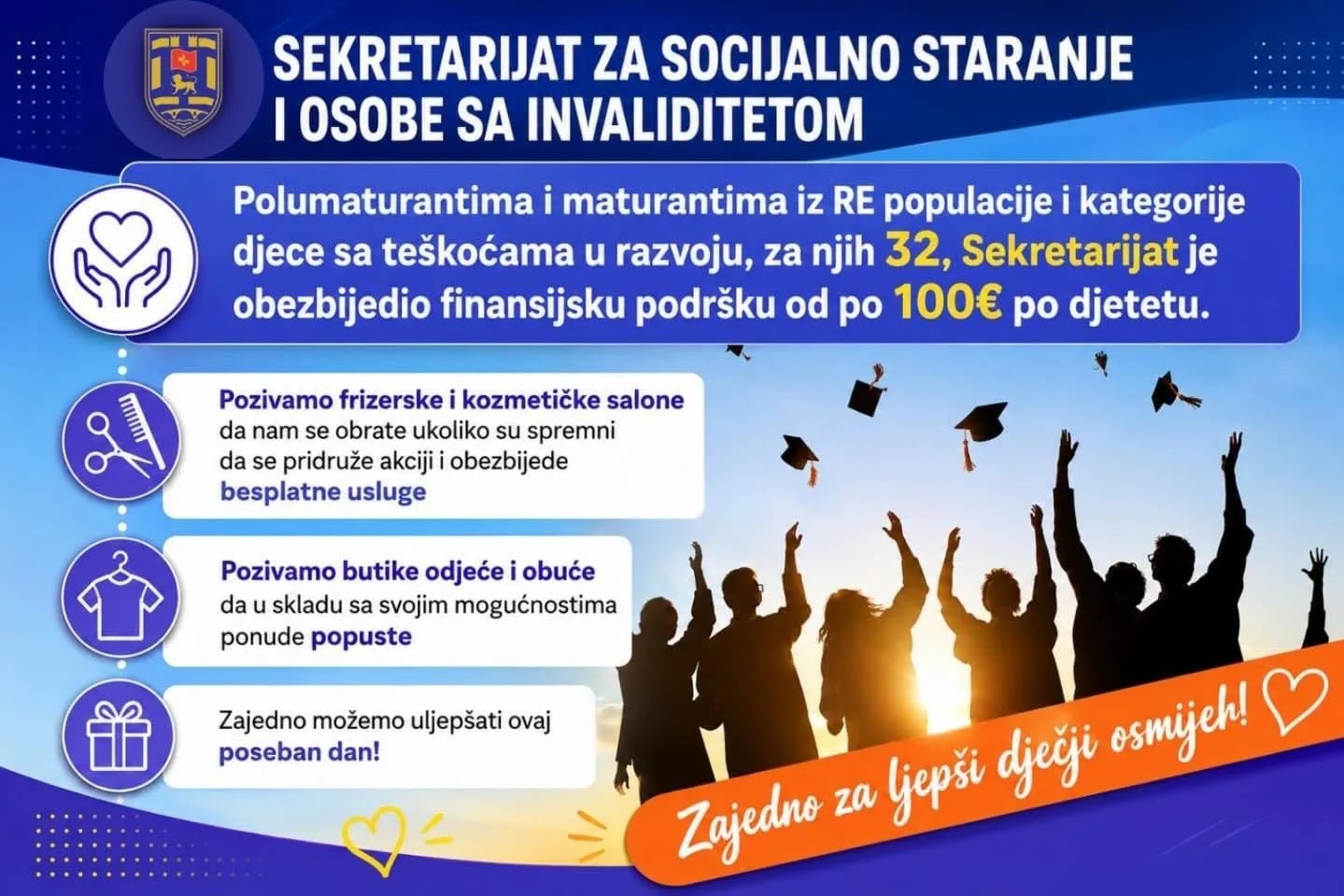 Podrška za 32 polumaturanta i maturanta iz RE populacije i djece sa teškoćama u razvoju