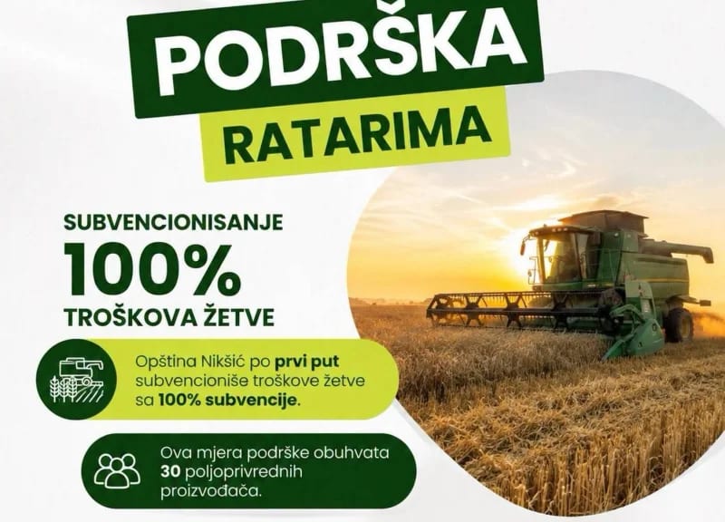 Opština Nikšić prvi put subvencioniše 100 odsto troškova žetve