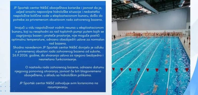 Od subote privremeno zatvaraju bazen u Sportskom centru