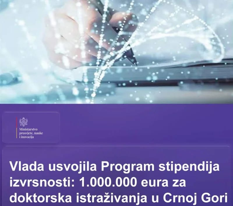 Vlada usvojila Program stipendija izvrsnosti: Milion eura za doktorska istraživanja u Crnoj Gori